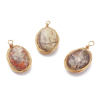 Natural Crazy Agate Pendants, with Golden Copper Wire Findings, Oval, 24.5~28x14.5~16x8mm, Hole: 2mm
