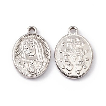201 Stainless Steel Pendants, Oval with Human Face Pattern, Stainless Steel Color, 19.5x14x2.5mm, Hole: 1.8mm
