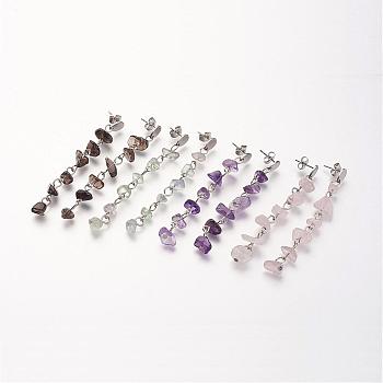 Chip Gemstone Dangle Stud Earrings, with 304 Stainless Steel Teardrop Ear Stud Components, Mixed Color, 62mm, pin: 0.8mm