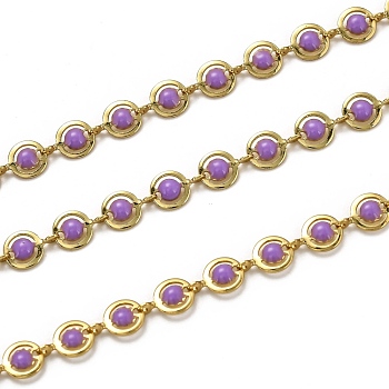 Brass Link Chains, with Enamel, Spool, Long-Lasting Plated, Unwelded, Flat Round, Golden, Purple, Links: 9x6x1.5mm