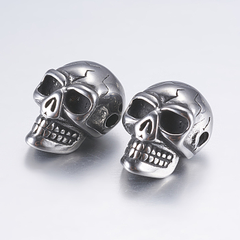 316 Surgical Stainless Steel Beads, Skull, Antique Silver, 14x9.5x9mm, Hole: 2mm