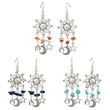 3 Pairs 3 Style Natural Mixed Gemstone Chips Chandelier Earrings, Sun & Moon & Star Tibetan Style Alloy Long Drop Earrings, 74x30.5mm, 1 Pairs/style