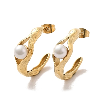 Ion Plating(IP) 304 Stainless Steel Ring Stud Earrings, Half Hoop Earrings with ABS Imitation Pearl, Real 14K Gold Plated, 25x8mm