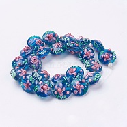 Handmade Bumpy Lampwork Beads Strands, Flat Round with Flower, Dodger Blue, 17~20.5x10~14mm, Hole: 1.4mm(LAMP-K027-06H)