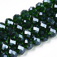 Electroplate Glass Beads Strands, Pearl Luster Plated, Faceted, Rondelle, Dark Green, 6x5mm, Hole: 1mm, about 85~88pcs/strand, 16.1~16.5 inch(41~42cm)(EGLA-A034-T6mm-A31)