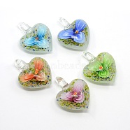 Heart Handmade Lampwork Pendants, with Gold Sand and Inner Flower, Mixed Color, 40x32x16mm, Hole: 7mm(LAMP-L028-07)