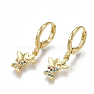 Brass Micro Pave Cubic Zirconia(Random Mixed Color) Dangle Hoop Earrings, Butterfly, Golden, 25mm, Pin: 0.7mm(EJEW-S201-73)