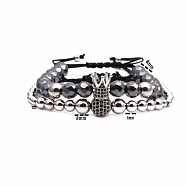 2Pcs Synthetic Non-magnetic Hematite Multi-Strand Braided Bead Bracelet Sets, Adjustable Crown & 10mm Ball Brass Micro Pave Cubic Zirconia Stackable Bracelets for Women Men, Silver Plated(CG0194-3)