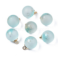 Two Tone Transparent Spray Painted Glass Pendants, with Light Gold Plated Brass Loop, Frosted, with Glitter Powder, Round, Sky Blue, 16x12mm, Hole: 2mm(GLAA-N035-020C-C03)