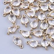 Transparent Glass Links connectors, for Jewelry DIY Craft Making, with Brass Findings, Faceted, Teardrop, Light Gold, Clear, 13x7x3.5mm, Hole: 1.2mm(GLAA-T007-18I)