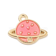 Light Gold Plated Alloy Enamel Pendants, Cadmium Free & Lead Free, Planet Charm, Pink, 13x16x2mm, Hole: 1.5mm(ENAM-M219-05KCG-03)