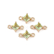 Brass Pave Glass Rhombus Links Connector Charms, Golden, Yellow Green, 11x6.5x4mm, Hole: 1.2mm(GLAA-Q088-001I)