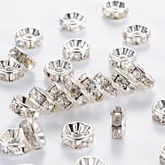 Rhinestone Spacer Beads, Brass, Grade A, Flat Round, Silver Color Plated, Clear, Size: about 8mm in diameter, 4mm thick, hole: 1.5mm(RB-H035-4)