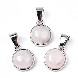 Natural Rose Quartz Pendants, with Platinum Tone Brass Settings and Platinum Tone Iron Snap on Bails, Half Round/Dome, 15.5x12x6mm, Hole: 5x7mm(G-T131-19F)