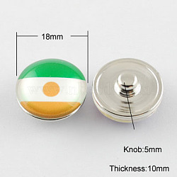 Brass Jewelry Snap Buttons, with Glass Cabochons, Flat Round with Flag, Platinum, Gold, 18x10mm, Knob: 5mm(GLAA-S027-02)