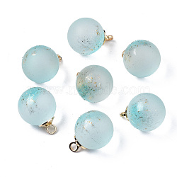 Two Tone Transparent Spray Painted Glass Pendants, with Light Gold Plated Brass Loop, Frosted, with Glitter Powder, Round, Sky Blue, 16x12mm, Hole: 2mm(GLAA-N035-020C-C03)