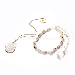 Shell Pendants Necklaces and Choker Necklaces Sets, with 304 Stainless Steel Findings, Brass Cable Chains and Korean Waxed Polyester Cord, Golden, 18.89 inch(48cm), 12.13 inch~26.14 inch(30.8~66.4cm), 2pcs/set(NJEW-JN02388)