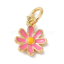 Brass Enamel Charms, with Jump Ring, Long-Lasting Plated, Lead Free & Cadmium Free, Flower Charms, Real 18K Gold Plated, Hot Pink, 10x7.5x2mm, Hole: 3mm(KK-L216-006G-05)