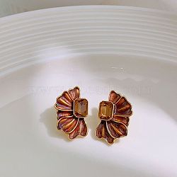 Brass Enamel Stud Earrings, Caramel Amber Style, Real 14K Gold Plated, Leaf, 25x16.5mm(EJEW-B120-01G-01)