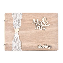 Wooden Wedding Guestbooks Notepad, with Lace, for Wedding Decoration, Rectangle with Hollow Word Mr & Mrs, Wedding, BurlyWood, 20x28x1.2cm, about 20sheet/pc(AJEW-M206-17)