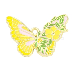 Alloy Enamel Pendants, Light Gold, Butterfly with Flower Charm, Yellow, 22.5x32x1.5mm, Hole: 2mm(ENAM-C024-01C-01LG)