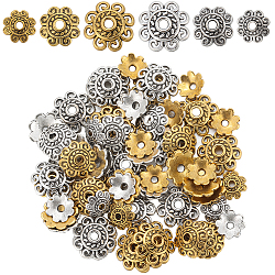 240Pcs 6 Styles Tibetan Style Alloy Bead Caps, Multi-Petal, Flower, Antique Silver & Antique Golden, 8~12x2~3mm, Hole: 1.5~2mm, 40pcs/style(FIND-SC0008-02)