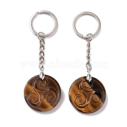 Natural Tiger Eye Triskele/Triskelion Pendant Keychain, with Brass Split Key Rings, 9cm(KEYC-A031-01P-03)