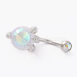 Piercing Jewelry, Brass Micro Pave Cubic Zirconia Navel Rings, Belly Rings, with 304 Stainless Steel Bar, Round, Clear AB, Stainless Steel Color, 27.5mm, Bar: 14 Gauge(1.6mm), Bar Length: 3/8"(10mm)(AJEW-P017-13P)