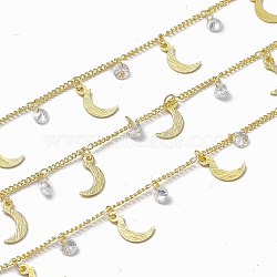 Handmade Brass Curb Chains, with Moon & Clear Cubic Zirconia Charms, Soldered, with Spool, Real 18K Gold Plated, Link: 2x1.5x0.3mm(CHC-F015-19G)