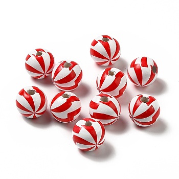 Christmas Theme Printed Natural Wooden Beads, Round with Vortex Pattern, Red, 16x14.5mm, Hole: 3.5mm