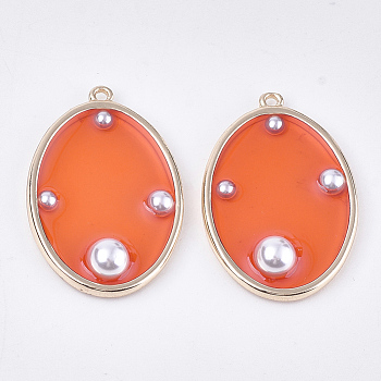 Alloy Pendants, with ABS Plastic Imitation Pearl and Epoxy Resin, Oval, Light Gold, Coral, 34x23x6mm, Hole: 1.6mm