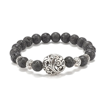 Natural Lava Rock Stretch Bracelet with Alloy Leaf Beads, Essential Oil Gemstone Jewelry for Women, Inner Diameter: 2 inch(5.2cm)