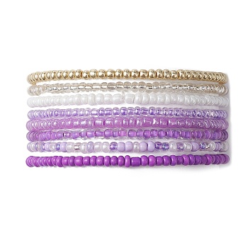 8Pcs 8 Color Glass Seed Beaded Stretch Bracelets Set for Women, Medium Orchid, Inner Diameter: 2-1/8 inch(5.5cm)