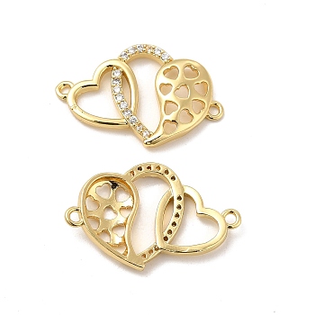 Brass Micro Pave Clear Cubic Zirconia Connector Charms, Heart Links, Real 18K Gold Plated, 17x26.5x3mm, Hole: 1.5mm