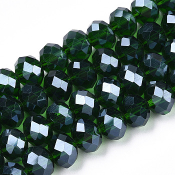 Electroplate Glass Beads Strands, Pearl Luster Plated, Faceted, Rondelle, Dark Green, 6x5mm, Hole: 1mm, about 85~88pcs/strand, 16.1~16.5 inch(41~42cm)
