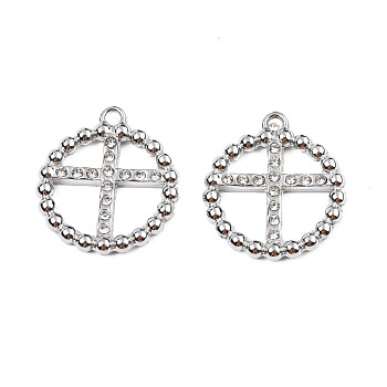 304 Stainless Steel Pendants, with Crystal Rhinestone, Ring with Cross, Stainless Steel Color, 20x18x2.5mm, Hole: 1.6mm