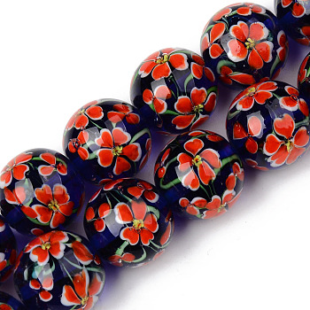Handmade Lampwork Beads Strands, Inner Flower, Round, Orange Red, 19~20x19mm, Hole: 1.5mm, about 20pcs/strand, 14.57 inch(37cm)