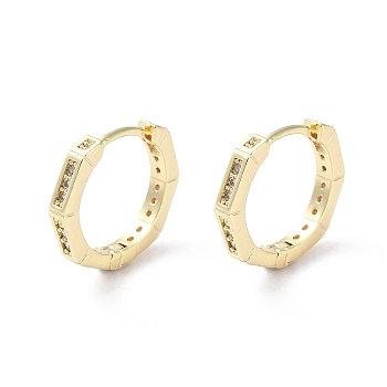 Brass Micro Pave Cubic Zirconia Hoop Earrings, Octagon, Real 18K Gold Plated, 12x2mm
