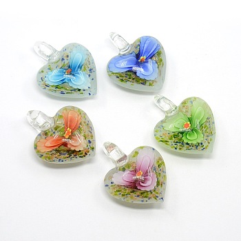 Heart Handmade Lampwork Pendants, with Gold Sand and Inner Flower, Mixed Color, 40x32x16mm, Hole: 7mm