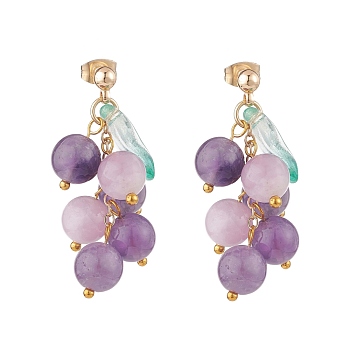 Grape and Leaf Dangle Stud Earrings, Natural Amethyst & Kunzite Beads Cluster Earrings, Drop Earrings for Women, Golden, 38mm, Pin: 0.7mm