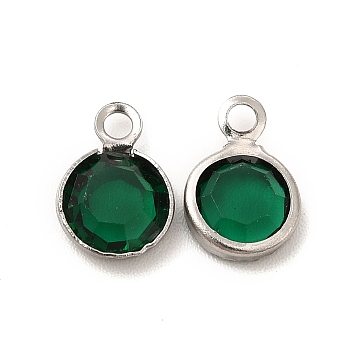 304 Stainless Steel with Glass Charms, Stainless Steel Color, Faceted Flat Round, Sea Green, 9.5x6.5x2mm, Hole: 1.5mm