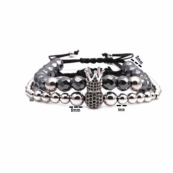 2Pcs Synthetic Non-magnetic Hematite Multi-Strand Braided Bead Bracelet Sets, Adjustable Crown & 10mm Ball Brass Micro Pave Cubic Zirconia Stackable Bracelets for Women Men, Silver Plated