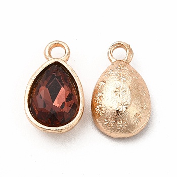 Faceted Glass Rhinestone Pendants, with Golden Tone Zinc Alloy Findings, Teardrop Charms, Coconut Brown, 15x9x5mm, Hole: 2mm