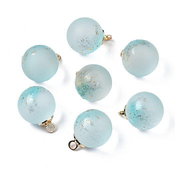 Two Tone Transparent Spray Painted Glass Pendants, with Light Gold Plated Brass Loop, Frosted, with Glitter Powder, Round, Sky Blue, 16x12mm, Hole: 2mm