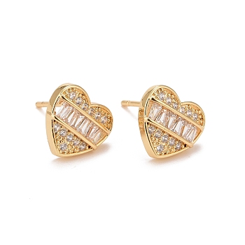 Clear Cubic Zirconia Heart Stud Earrings, Rack Plating Brass Jewelry for Women, Cadmium Free & Lead Free, Real 18K Gold Plated, 10x11mm, Pin: 0.8mm