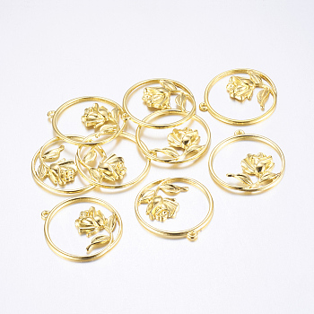 Alloy Flower Pendants, Rose in Circle, Lead Free and Cadmium Free, Golden, 35x2mm, Hole: 2mm