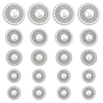 WADORN 4 Style Zinc Alloy Shank Buttons, 1-Hole, with Plastic Imitation Pearls, for Garment Accessories, Flat Round, Platinum, 15~25x4.5~7.5mm, Hole: 1.8~1.9mm, 20pcs/box