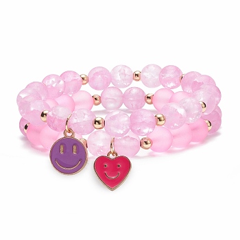 2Pcs 2 Style Glass Round Beaded Stretch Bracelets Set, Alloy Enamel Heart and Smiling Face Charm Bracelets for Women, Pearl Pink, Inner Diameter: 2 inch(5.1cm), 1Pc/style