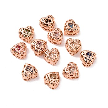 Eco-friendly Brass Cubic Zirconia Multi-Strand Links, Nickel Free, Cadmium Free & Lead Free, Heart, Rose Gold, Mixed Color, 8x8x5mm, Hole: 1.2mm
