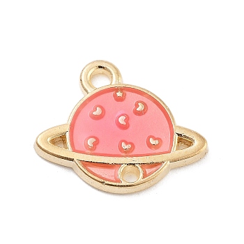 Light Gold Plated Alloy Enamel Pendants, Cadmium Free & Lead Free, Planet Charm, Pink, 13x16x2mm, Hole: 1.5mm